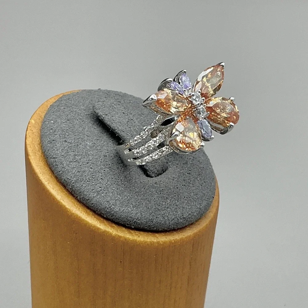 Ring Size 10 Silver Tone Yellow Champagne Butterfly Crystal Cocktail Womens